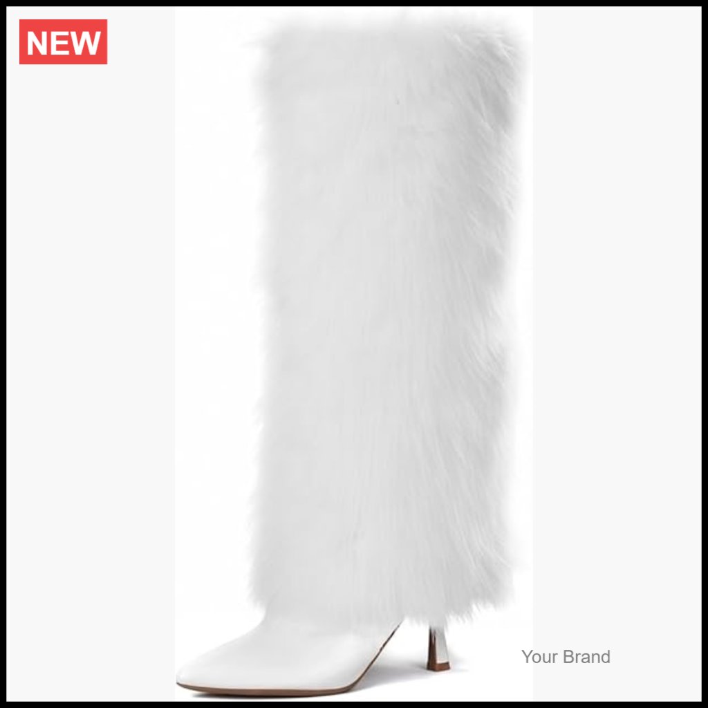 Kitten Heel Knee High Faux Fur Boots Pointed Toe Winter Snow Boots Side Zipper